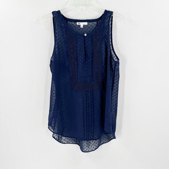 DR2 Blue Crochet Embroidered Polka Dot Sheer Sleeveless Top Size Medium - Picture 1 of 10